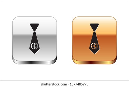 Black Tie with four leaf clover icon isolated on white background. Necktie and neckcloth symbol. Happy Saint Patricks day. Silver-gold square button. Vector Illustration
