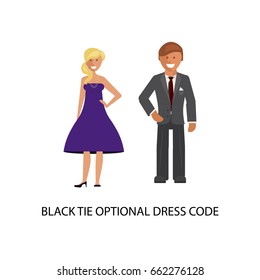 Black tie optional dress code. Man and woman in smart casual style suits isolated on white background. Vector illustration of people in formal clothes.