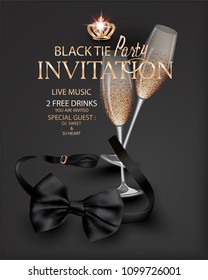 Black Tie Party With The Black Bow Tie And Glasses Of Champagne. Vector Illustration