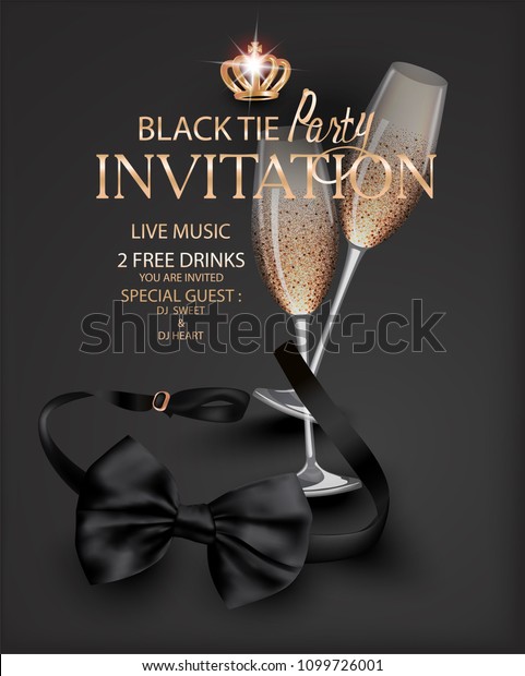 Black tie party with the black bow tie and\
glasses of champagne. Vector\
illustration