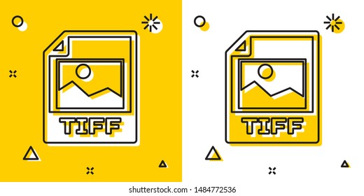 Black TIFF file document. Download tiff button icon isolated on yellow and white background. TIFF file symbol. Random dynamic shapes. Vector Illustration