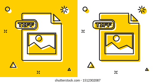 Black TIFF file document. Download tiff button icon isolated on yellow and white background. TIFF file symbol. Random dynamic shapes. Vector Illustration