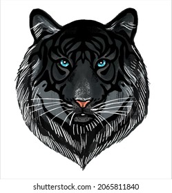 A black tiger on a white background. The head is a portrait of a predatory beast. The symbol of 2022.