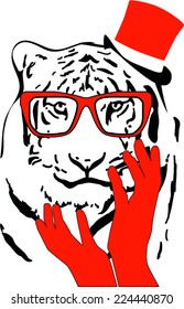 black tiger with red gloves and a hat is feminine and wild animal print pattern. red glasses at the same time an intellectual fashion accessory with style sexy followers . for fashion, t shirts print.