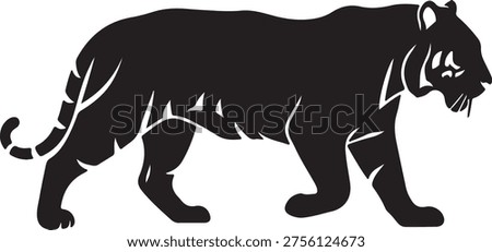 Black tiger silhouette walking profile, jungle predator vector, wild cat animal isolated on transparent background