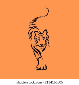 Black Tiger Symbol Logo Orange Background  Wild Animal Tribal Tattoo Design  Stencil Flat Vector Illustration