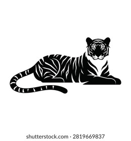 A black tiger with white stripes and spots lies down and looks forward, showcasing its fur pattern and texture in a striking visual