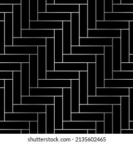 Black tiles seamless herringbone pattern. Fishbone parquet. Ceramic or stone material, zig zag bricks or wooden flour in home, street or outdoor. Kitchen interior for catalog flat vector illustration.