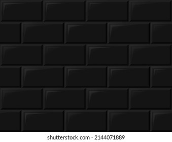 Baldosas negras de un patrón horizontal sin fisuras. Ladrillos de cerámica en metro, piscina o exterior. Pared o piso para metro, baño, cocina interior. Materiales de piedra oscura para la ilustración vectorial plana del catálogo