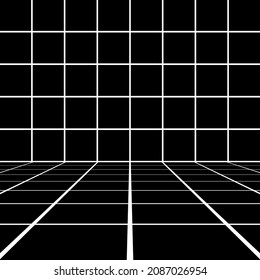 Black Tiling Floor And Wall In Empty Room. Interior Background With Symmetrical Lines Grid Texture In Diminishing Perspective View. Vector Art.