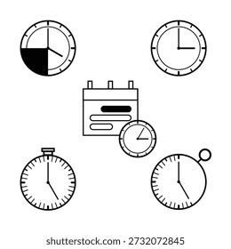 Schwarze Zeit- und Uhrzeilensymbole eingestellt. Sammlung von Zeitschaltern, Stoppuhren, Zeitplänen, Erinnerungen und Stichtagssymbolen für Produktivität, Zeitmanagement, Kalender-Apps und User Interface Design. Bearbeitbare Vektorsymbole einzeln auf weißem Hintergrund