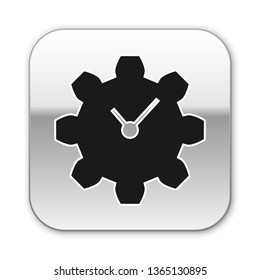 Black Time Management icon isolated on white background. Clock and gear sign. Productivity symbol. Silver square button. Vector Illustration