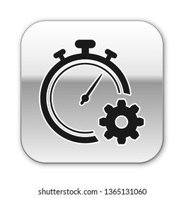 Black Time Management icon isolated on white background. Clock and gear sign. Productivity symbol. Silver square button. Vector Illustration