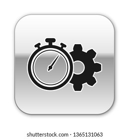 Black Time Management icon isolated on white background. Clock and gear sign. Productivity symbol. Silver square button. Vector Illustration