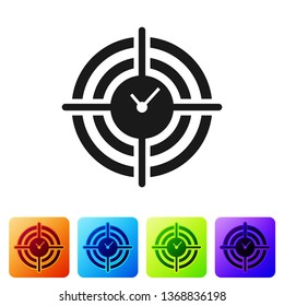 Black Time Management icon isolated on white background. Clock and gear sign. Productivity symbol. Set icon in color square buttons. Vector Illustration