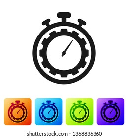 Black Time Management icon isolated on white background. Clock and gear sign. Productivity symbol. Set icon in color square buttons. Vector Illustration