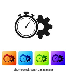 Black Time Management icon isolated on white background. Clock and gear sign. Productivity symbol. Set icon in color square buttons. Vector Illustration