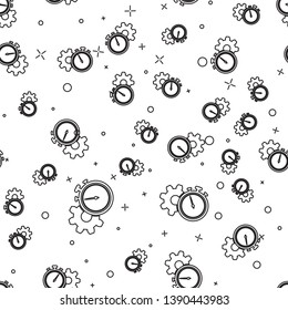 Black Time Management icon isolated seamless pattern on white background. Clock and gear sign. Productivity symbol. Vector Illustration