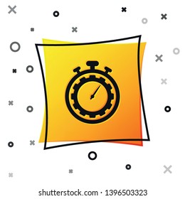 Black Time Management icon isolated on white background. Clock and gear sign. Productivity symbol. Yellow square button. Vector Illustration