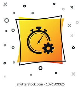 Black Time Management icon isolated on white background. Clock and gear sign. Productivity symbol. Yellow square button. Vector Illustration