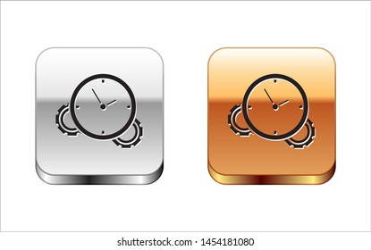 Black Time Management icon isolated on white background. Clock and gear sign. Productivity symbol. Silver-gold square button. Vector Illustration