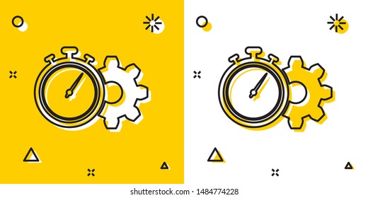 Black Time Management icon isolated on yellow and white background. Clock and gear sign. Productivity symbol. Random dynamic shapes. Vector Illustration