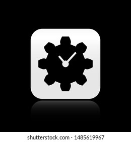 Black Time Management icon isolated on black background. Clock and gear sign. Productivity symbol. Silver square button. Vector Illustration