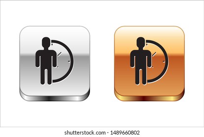 Black Time Management icon isolated on white background. Clock and gear sign. Productivity symbol. Silver-gold square button. Vector Illustration