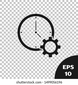 Black Time Management icon isolated on transparent background. Clock and gear sign. Productivity symbol.  Vector Illustration