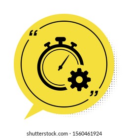 Black Time Management icon isolated on white background. Clock and gear sign. Productivity symbol. Yellow speech bubble symbol. Vector Illustration