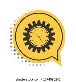 Black Time Management icon isolated on white background. Clock and gear sign. Productivity symbol. Yellow speech bubble symbol. Vector.