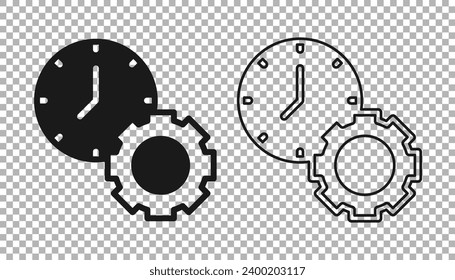 Icono de administración del tiempo negro aislado en fondo transparente. Señal de reloj y marcha. Símbolo de productividad.  Vector