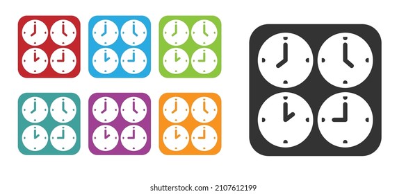 Black Time zone clocks icon isolated on white background. Set icons colorful. Vector
