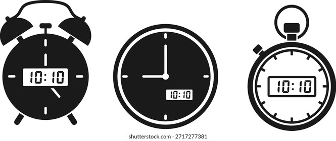 Black timekeeping icons, clock and stopwatch symbol set, analog digital vector graphics, time display silhouette design, editable hour emblem for UI, apps, infographics, productivity, and scheduling visuals