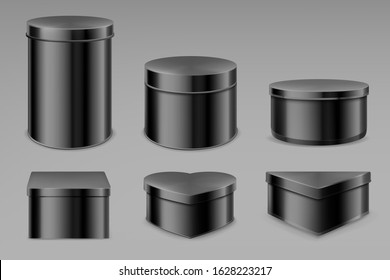 Black tin boxes set, blank jars for tea, coffee, spices or candies. Bottles mockup, different shapes cans for packaging dry products biscuits, candies isolated on grey background, Realistic 3d vector
