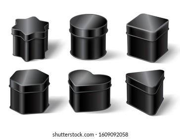 Black tin boxes for tea, coffee or candies. Vector realistic mockup of different shapes cans for packaging dry products, biscuits and sweets isolated on white background