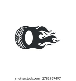 A black tire with flames rising