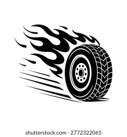 Black tire with flames rising from it wheel fire speed vector illustration isolated on white background.