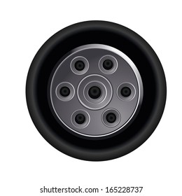 a black tire with grey steel in white background