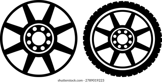 Black tire with hubcap and plain tire side view illustration