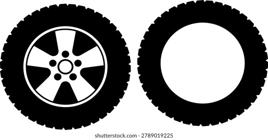 Black tire with hubcap and plain tire side view illustration