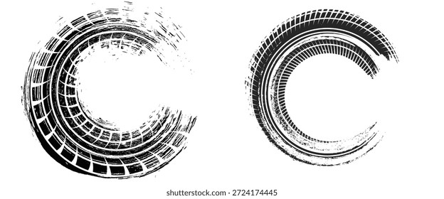 Marcas de neumáticos negras en la carretera, marcas de neumáticos de goma negra y marcas de la banda de rodadura, textura y fondo de las ruedas de pista de la traza del neumático, grunge de la banda de rodadura del neumático auto. Vector