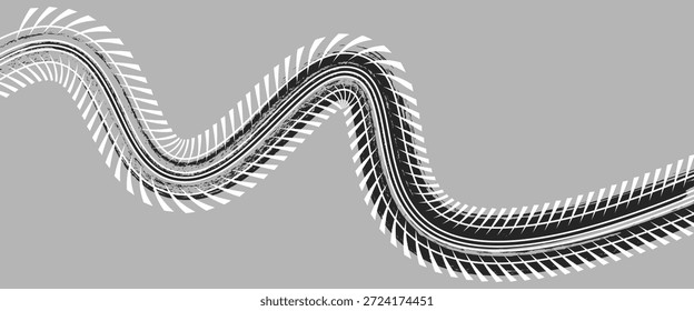 Black tire marks on road, Black rubber tire marks and tread marks, Tire trace track wheels texture and background, Auto tire tread grunge. vector