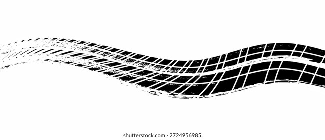 Marcas de neumáticos negras en la carretera, marcas de neumáticos de goma negras y marcas de la banda de rodadura, textura y fondo de las ruedas de pista de la traza del neumático, grunge de la banda de rodadura del neumático de auto, pista de la banda de rodadura del neumático de coche, impresión negra del neumático, vista superior.
