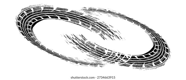 Black tire marks on road, Black rubber tire marks and tread marks, Tire trace track wheels texture and background, Auto tire tread grunge, Car wheel tyre tread track black tyre print, Top view.