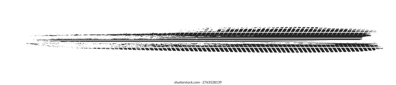 Black tire marks on road, Black rubber tire marks and tread marks, Tire trace track wheels texture and background, Auto tire tread grunge, Car wheel tyre tread track black tyre print, Top view.