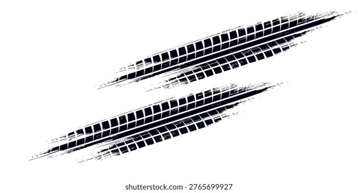 Black tire marks on road, Black rubber tire marks and tread marks, Tire trace track wheels texture and background, Auto tire tread grunge