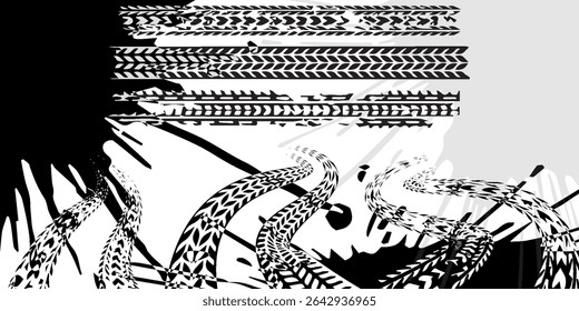 Marcas pretas de pneu em um fundo branco com um efeito gasto e respingos de sujeira. Textura isolada do vetor .Pneu acompanha o fundo para rally, deriva, motocross, off-road e motorsport.vetor pneu dinâmico
