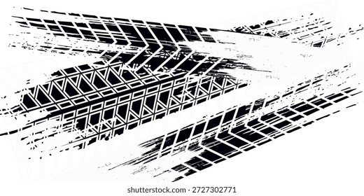 Marcas de neumáticos negros sobre un fondo blanco con un efecto desgastado y salpicaduras de suciedad. Vector de textura aislada. Fondo de Pistas de neumáticos para rally, drift, motocross, todoterreno y otros deportes automovilísticos y de motor.