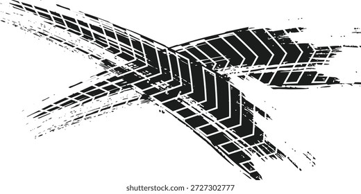 Marcas de neumáticos negros sobre un fondo blanco con un efecto desgastado y salpicaduras de suciedad. Vector de textura aislada. Fondo de Pistas de neumáticos para rally, drift, motocross, todoterreno y otros deportes automovilísticos y de motor.